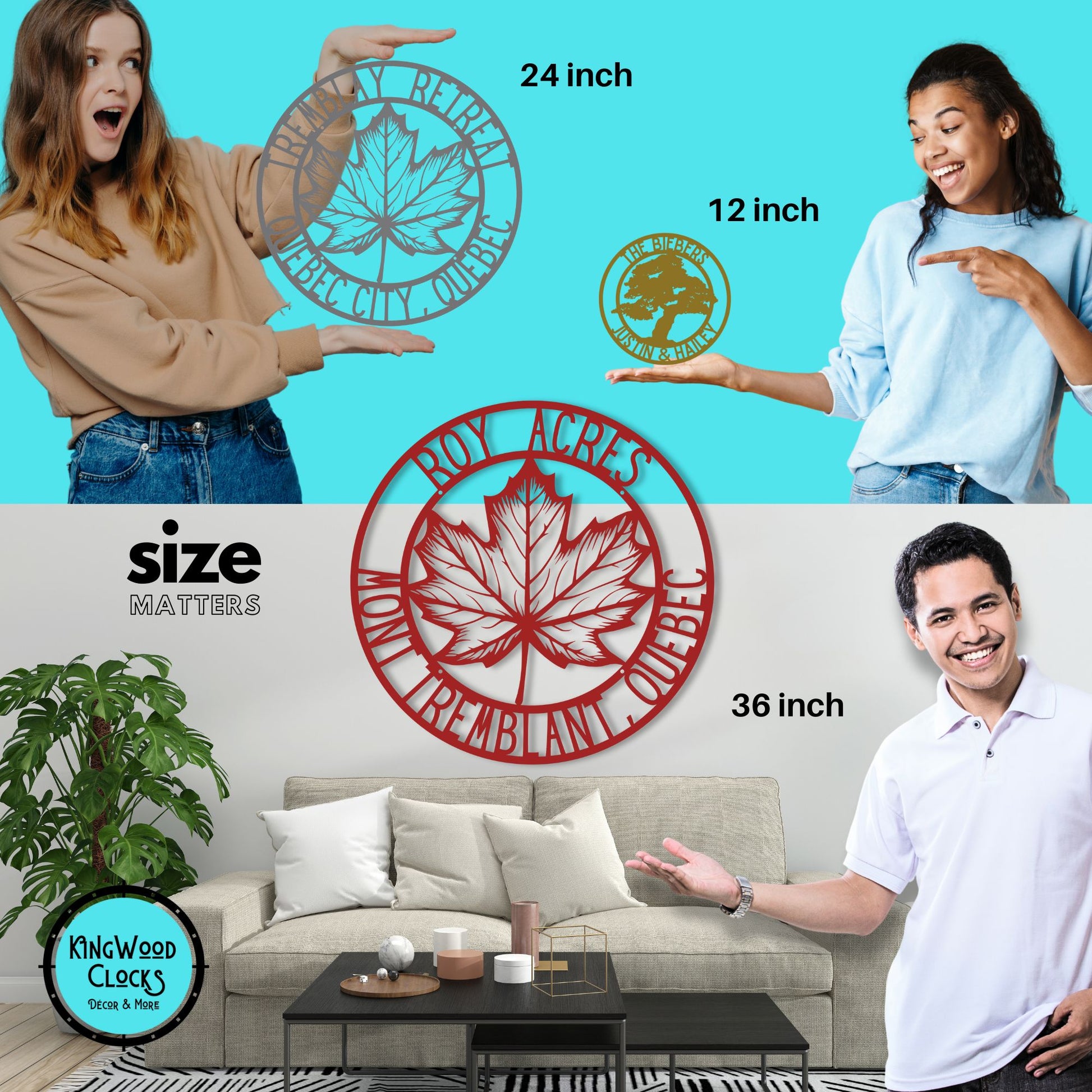 Collage of people holding metal wall art with sizes displayed, set against a blue background.