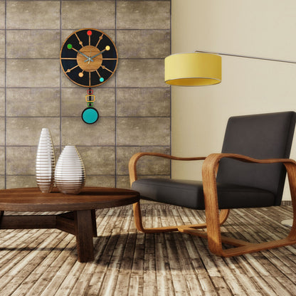 Mid Century Modern Ball Clock, Vintage 50s Home, Retro Swinging Pendulum Wall Clock, Handmade Wood Decor, MCM Vintage Design Style Gift