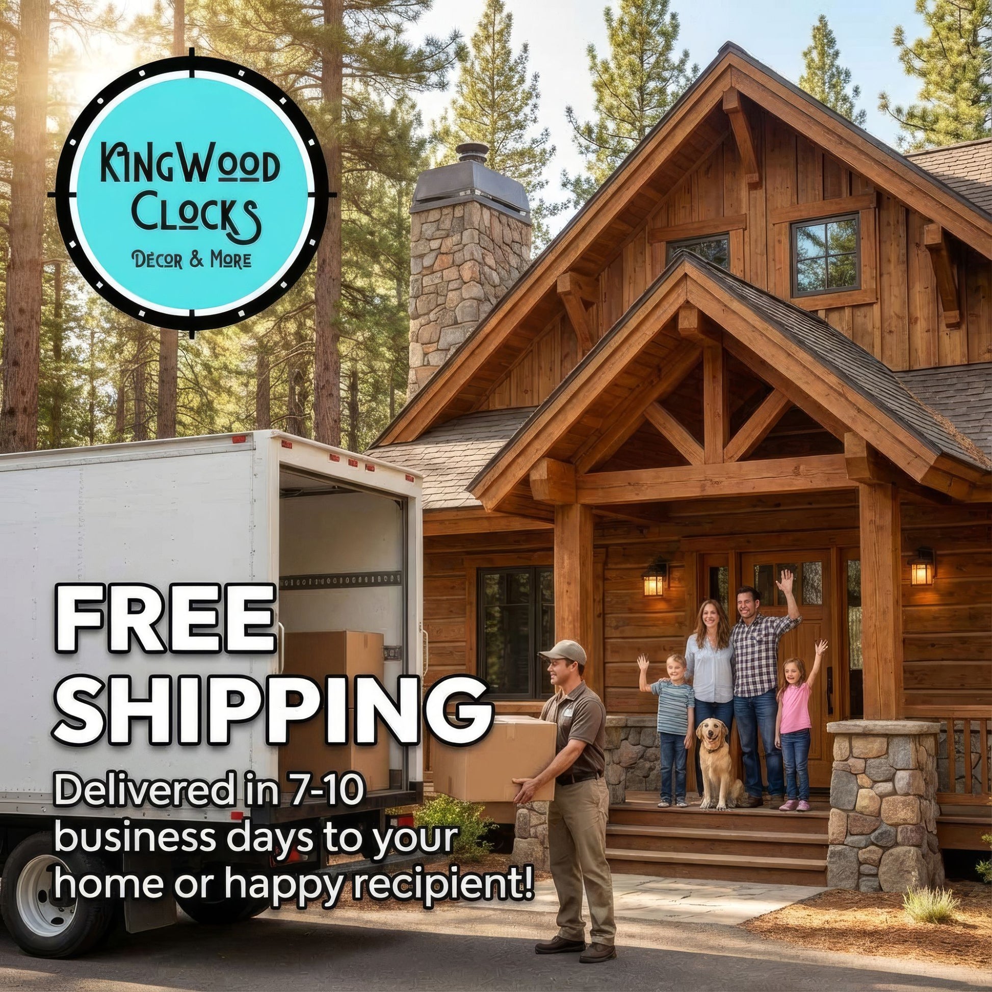 Family with a dog standing on the steps of a wooden house with a moving truck and 'Kingwood Clocks' logo. Free shipping!