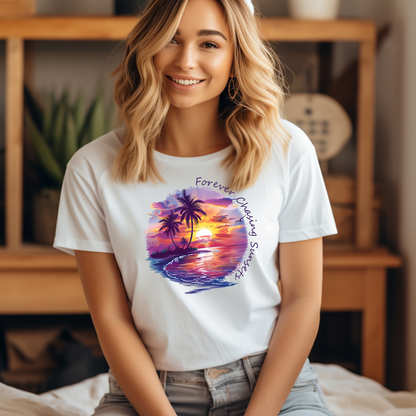 Chasing Sunsets T-shirt, Unisex, Beachy Summertime Vibes, Purple Sunset Rays, Matching Family Tees, Girls Vacation Outfit, Isle Gift For Her