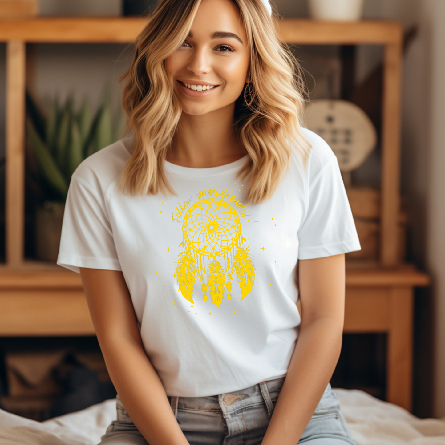 Starry Dreamcatcher T-Shirt, Unisex, Native American Style, Follow Your Dreams, Boho Apparel, Girls Outfits, Womens TShirts, For Her Gifts white on girl