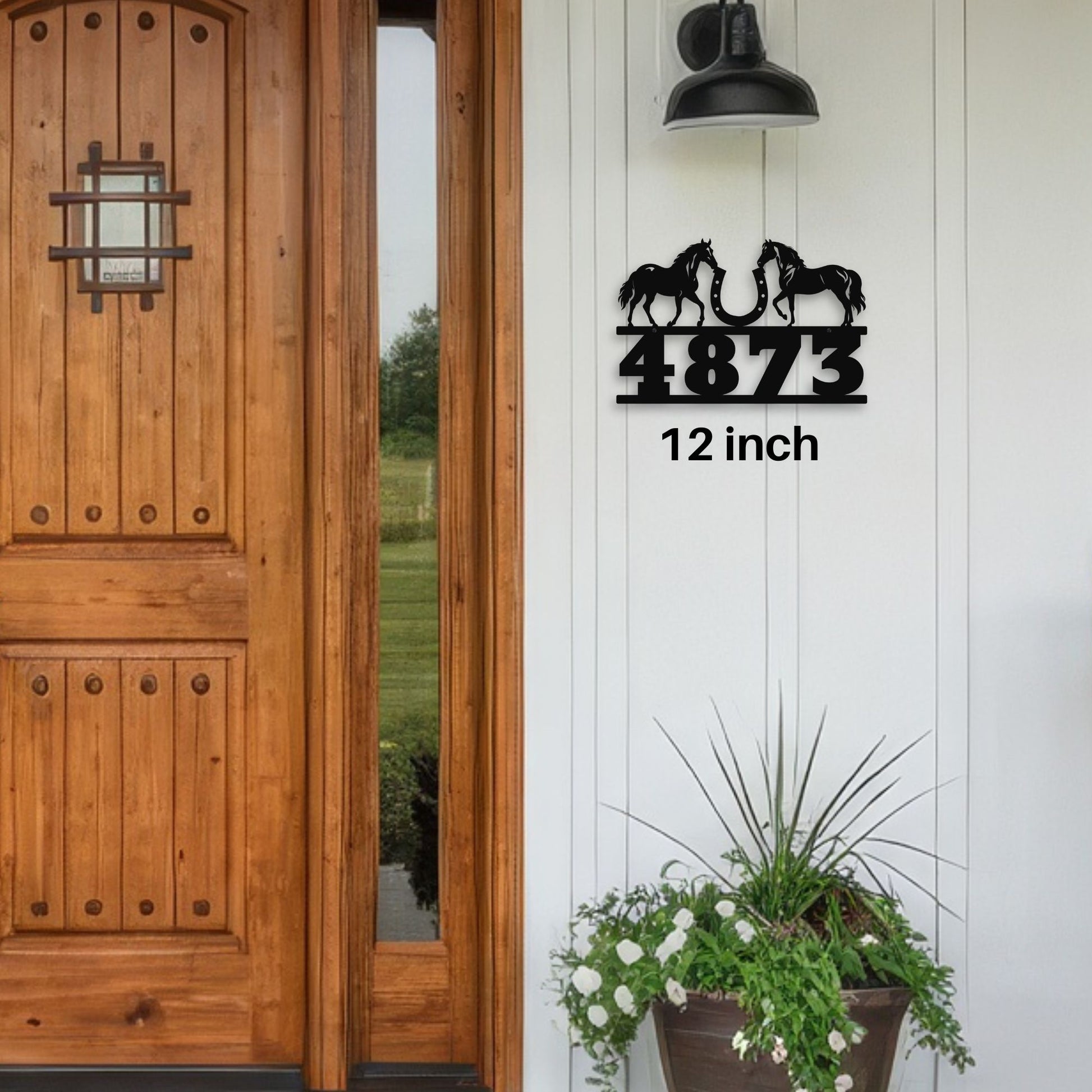 Personalized Horse Ranch Address Sign, Custom Metal Address Sign Matte Black, Equestrian House Numbers Plaque, Farmhouse Outdoor Decor 12 inch at entryway