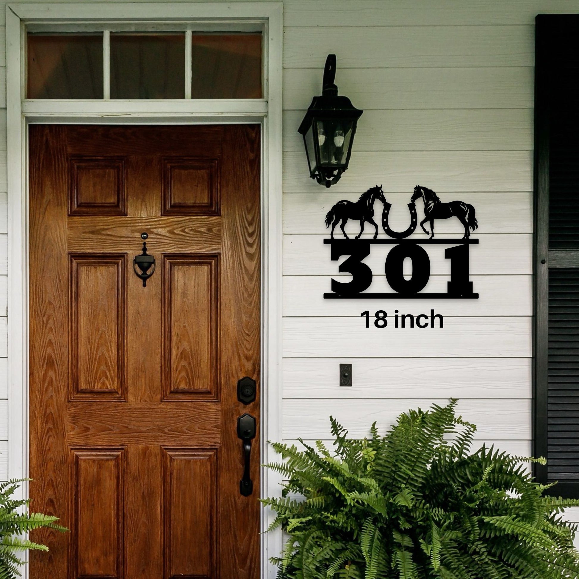 Personalized Horse Ranch Address Sign, Custom Metal Address Sign Matte Black, Equestrian House Numbers Plaque, Farmhouse Outdoor Decor shown on contemporary front porch in 18 inch size