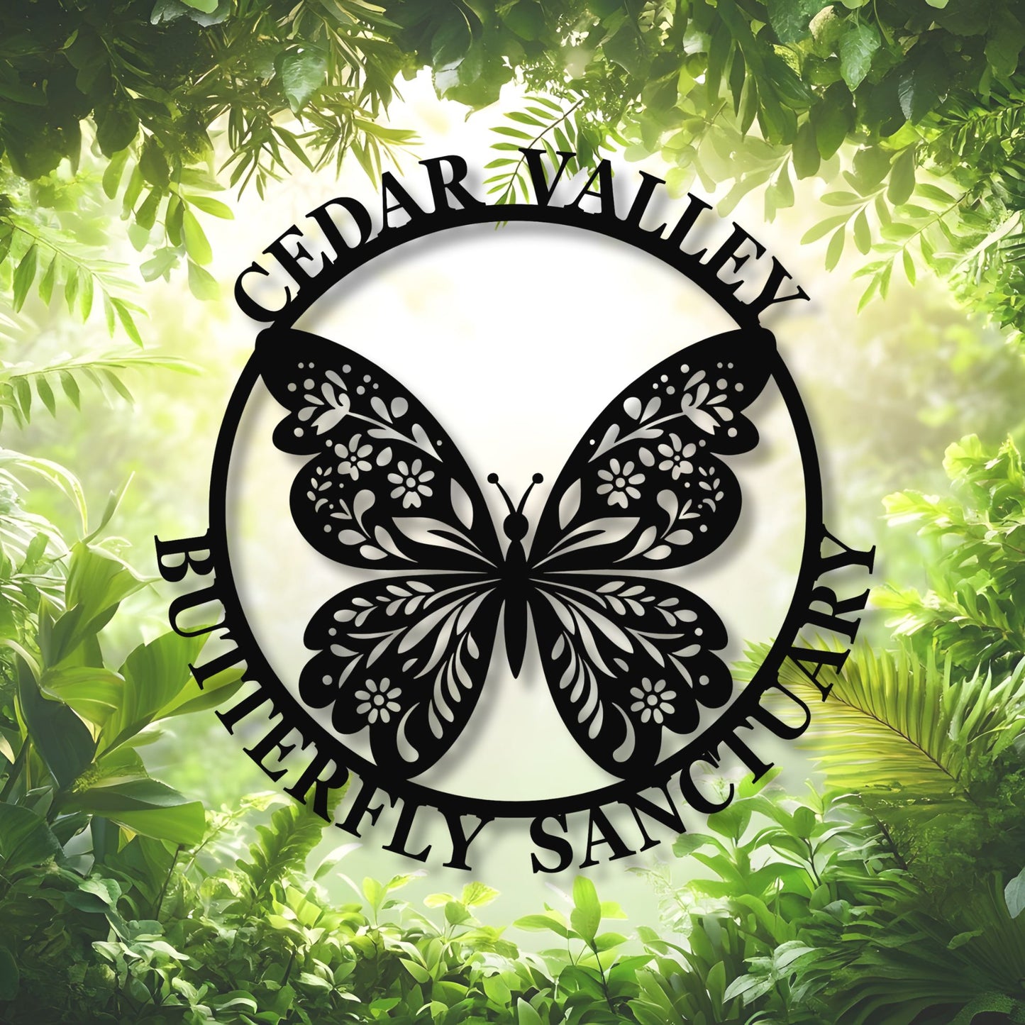 Butterfly sanctuary logo with green foliage in the background