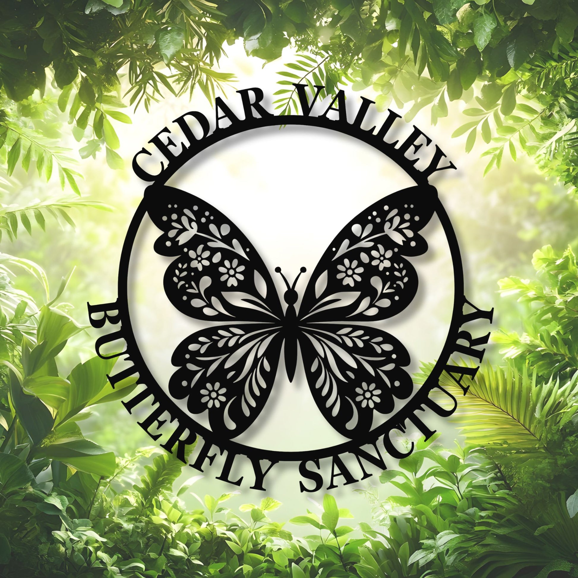Butterfly sanctuary logo with green foliage in the background