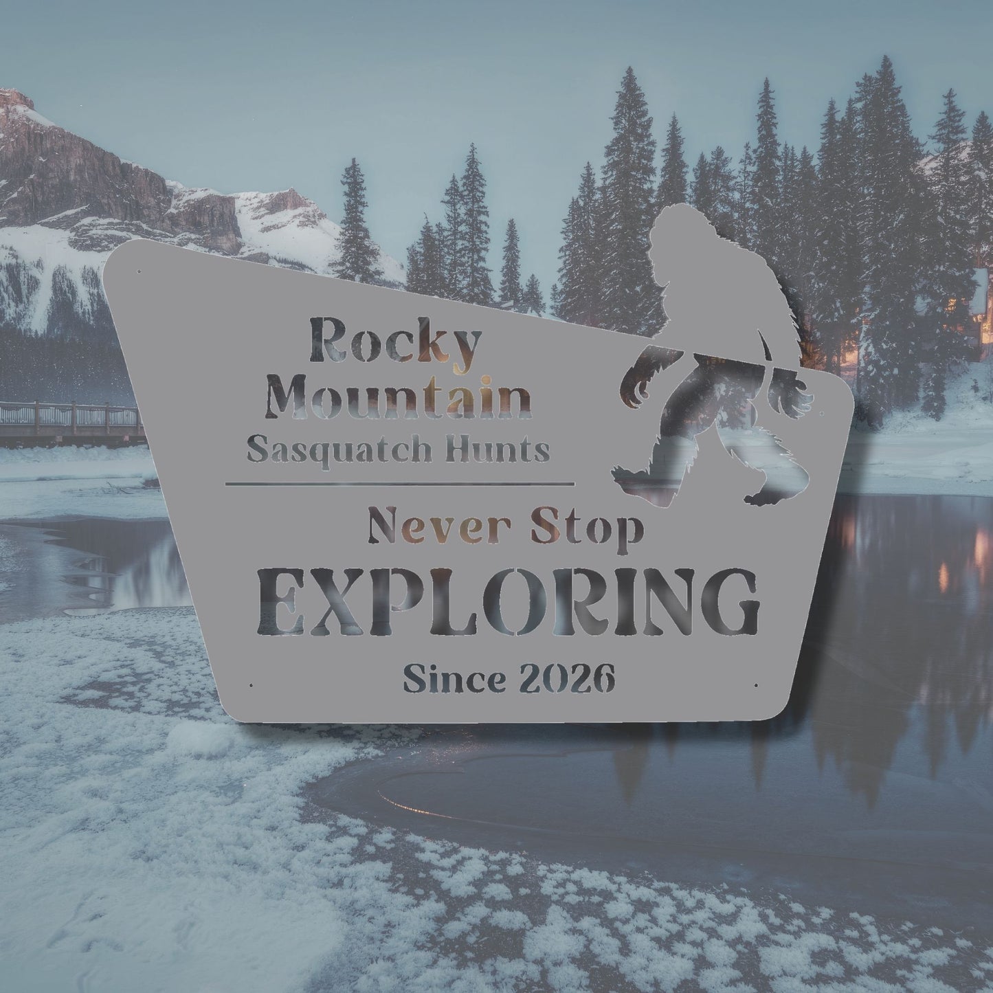 Advertisement for Rocky Mountain Sasquatch Hunts with a silhouette of a person on a mountain, set against a snowy landscape.