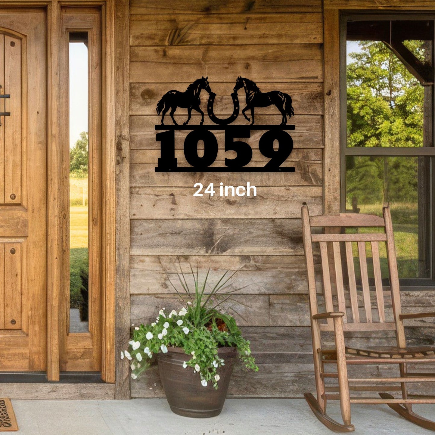 Personalized Horse Ranch Address Sign, Custom Metal Address Sign Matte Black, Equestrian House Numbers Plaque, Farmhouse Outdoor Decor shown on rustic porch in a 24 inch size