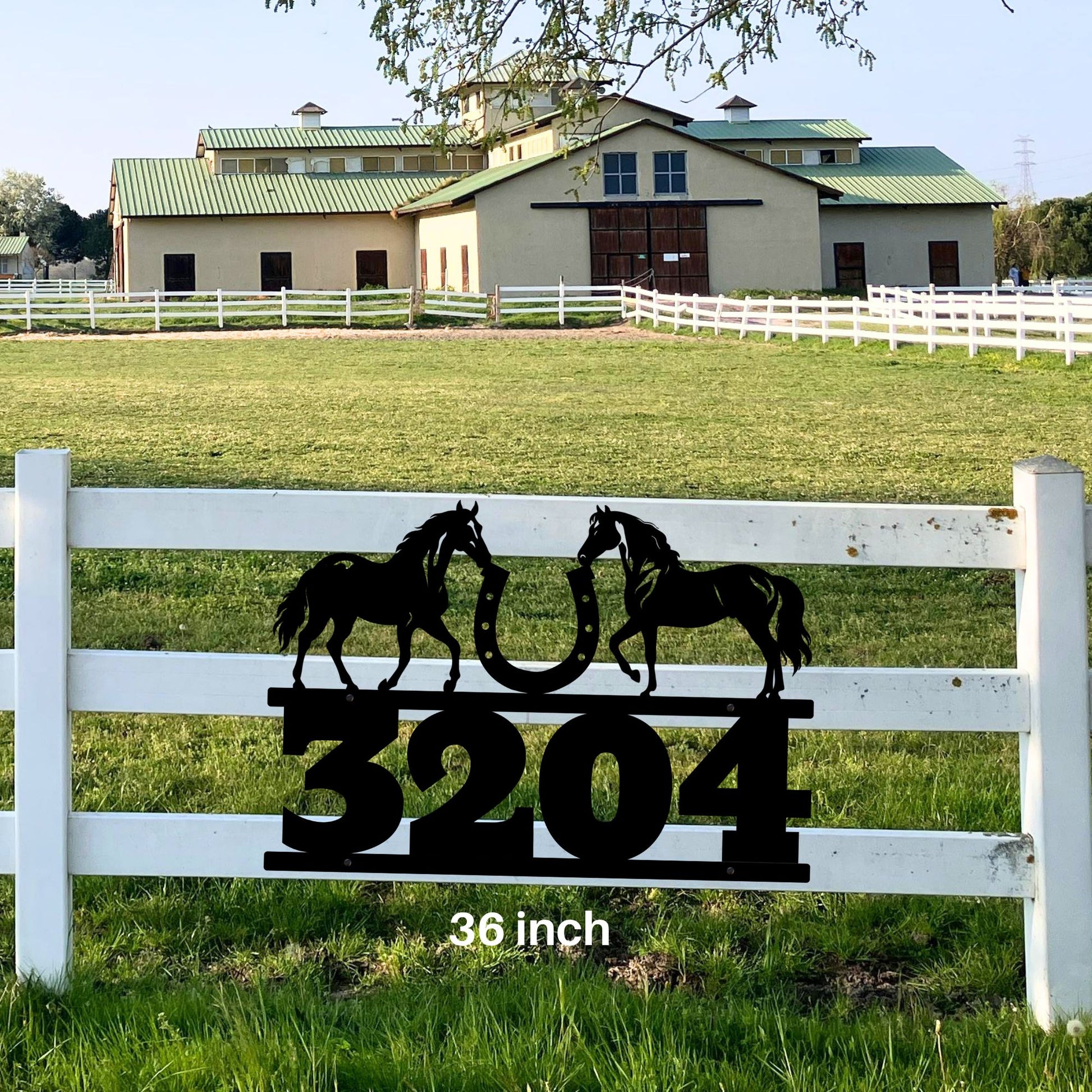 Personalized Horse Ranch Address Sign, Custom Metal Address Sign Matte Black, Equestrian House Numbers Plaque, Farmhouse Outdoor Decor shown mounted on farm fence for curb appeal in a 36 inch size