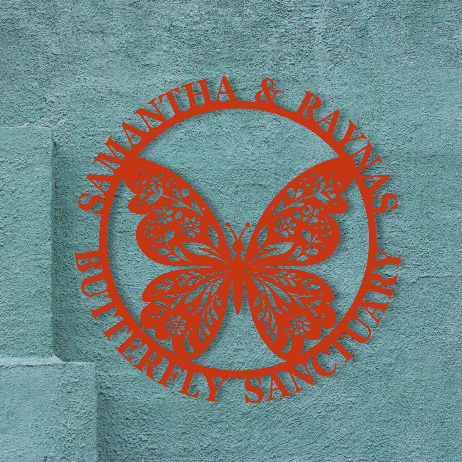 Red butterfly logo with 'Samantha & Raynus Butterfly Sanctuary' text on a teal background