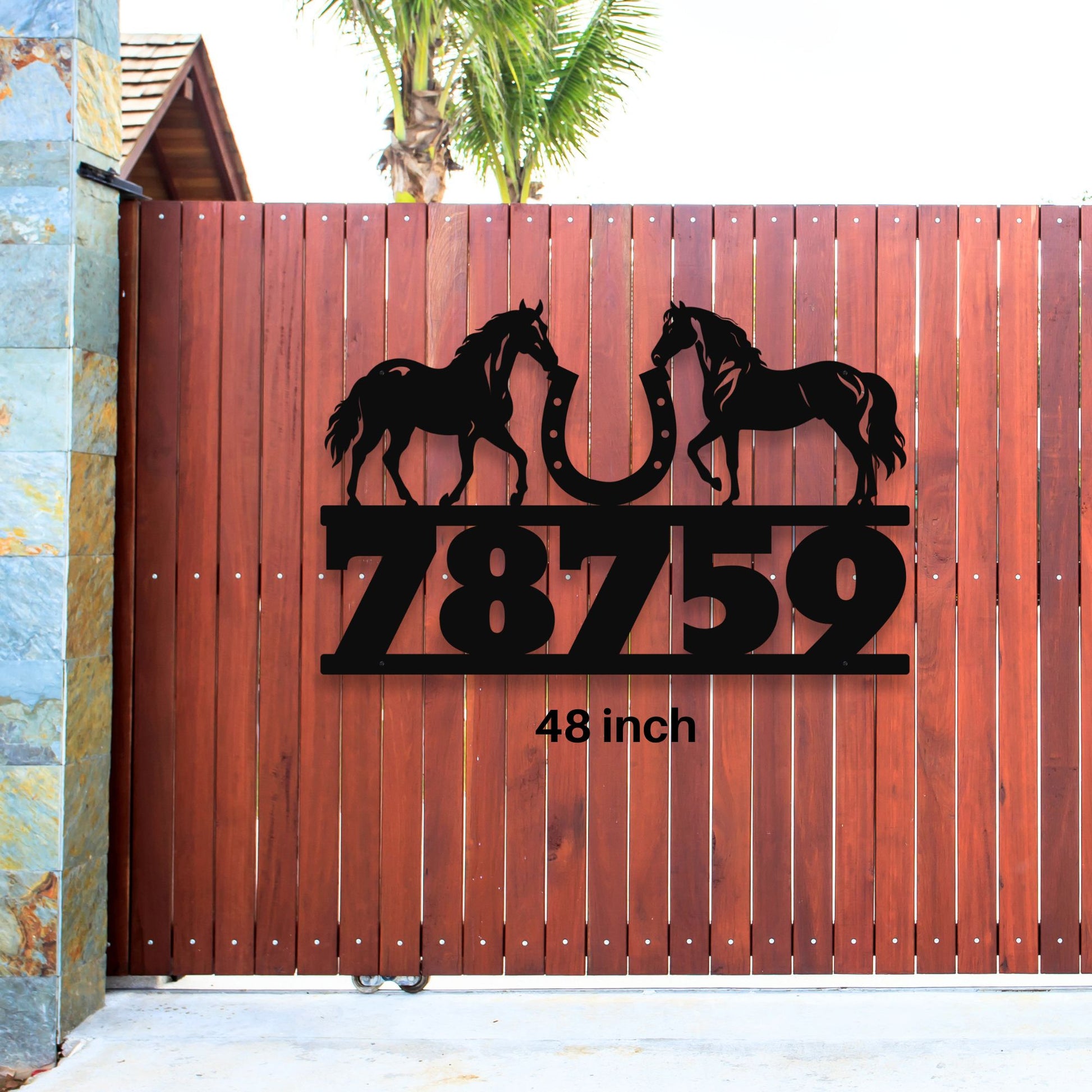 Personalized Horse Ranch Address Sign, Custom Metal Address Sign Matte Black, Equestrian House Numbers Plaque, Farmhouse Outdoor Decor shown in extra large size at entry gate to ranch complex