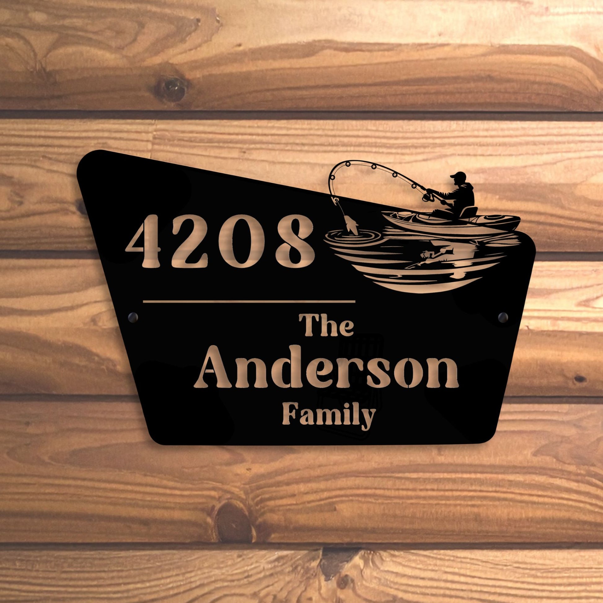 Personalized house number sign with 'The Anderson Family' on a wooden background