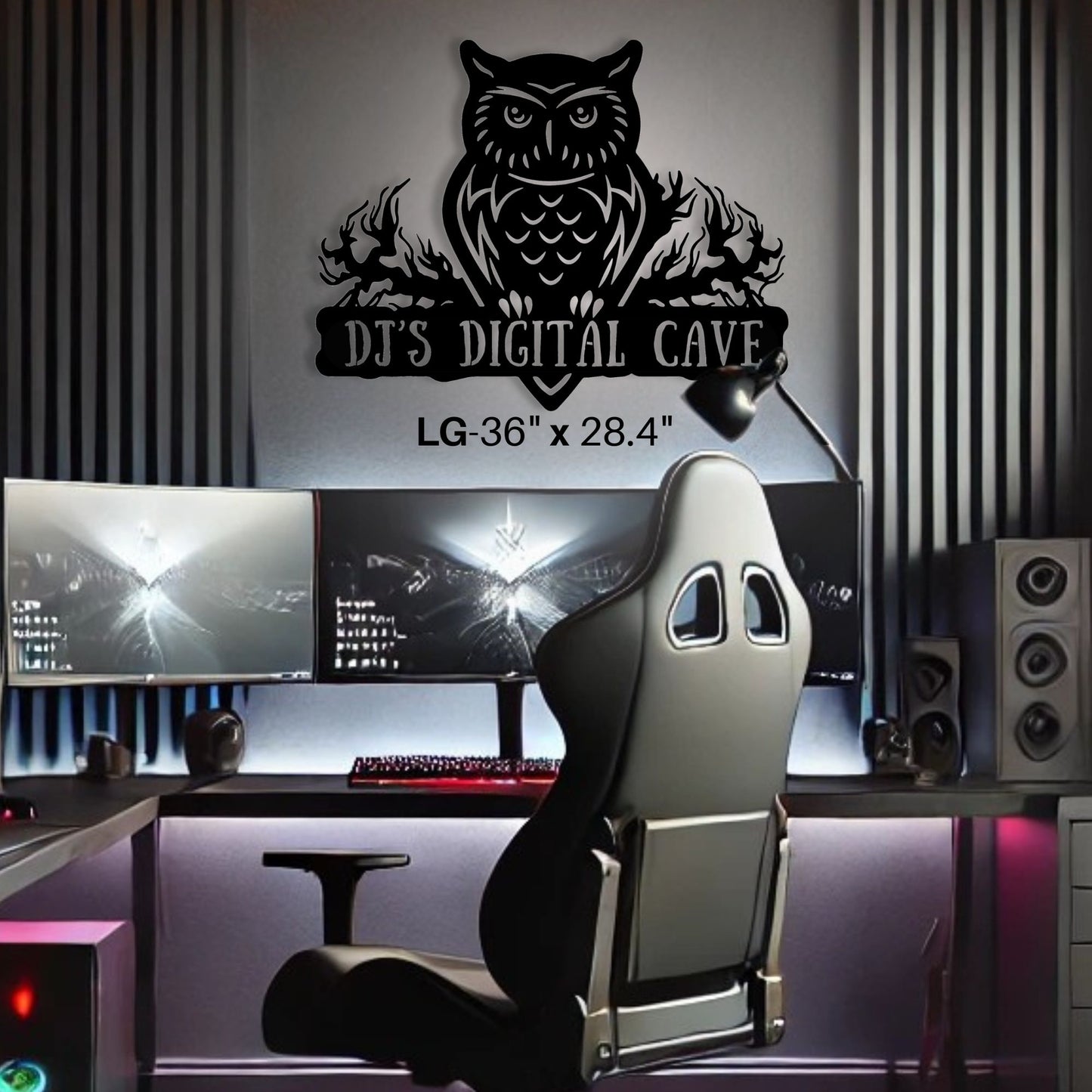 Modern gaming setup with a chair, monitors, and a decorative owl sign on the wall.
