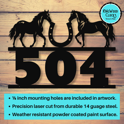 Personalized Horse Ranch Address Sign, Custom Metal Address Sign Matte Black, Equestrian House Numbers Plaque, Farmhouse Outdoor Decor shown with mounting holes