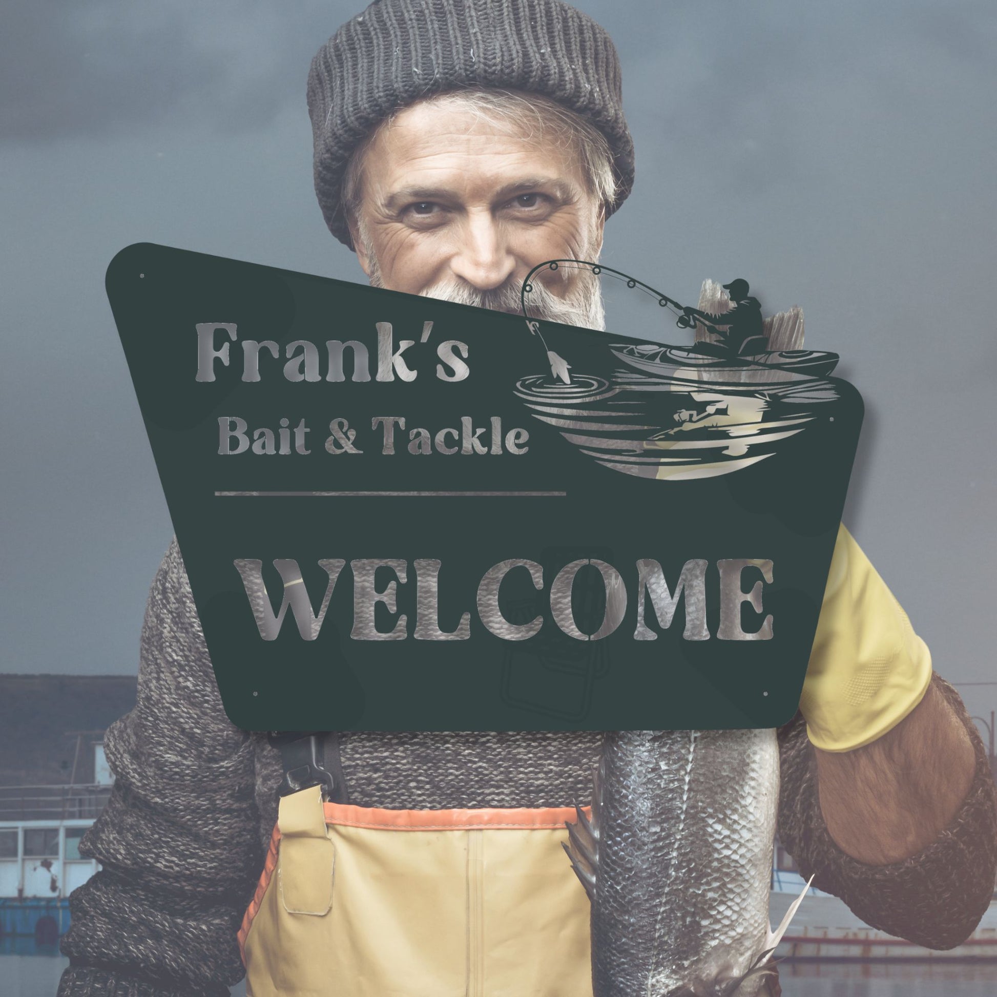 Man holding a 'Frank's Bait & Tackle Welcome' sign with a fishing theme.