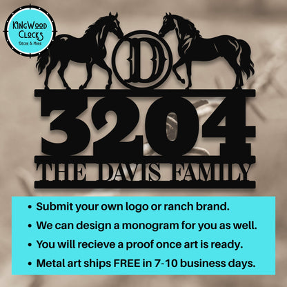 Personalized Horse Ranch Address Sign, Custom Metal Address Sign Matte Black, Equestrian House Numbers Plaque, Farmhouse Outdoor Decor we can ad a monogram or ranch branch to the design to customize to your liking