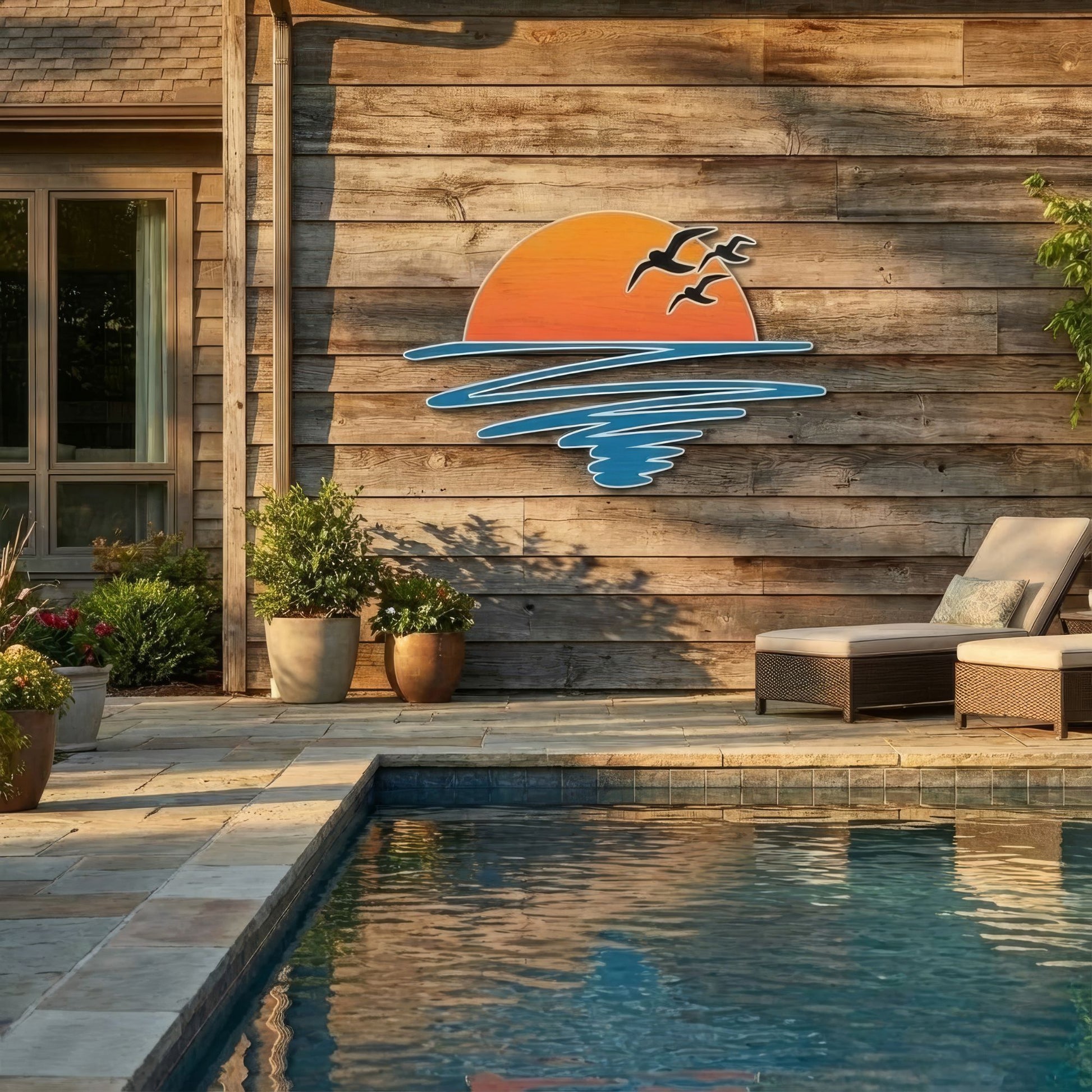 Pool area with wooden wall featuring a sunset design and lounge chairs.