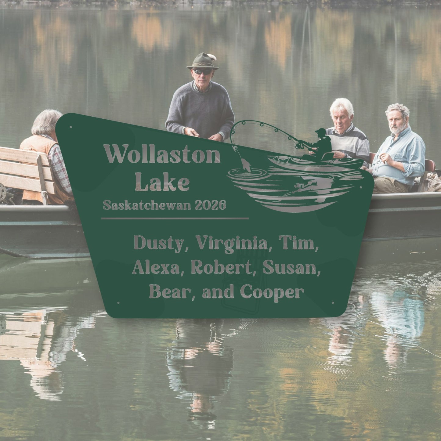 Fishing sign with names at Wollaston Lake, Saskatchewan, with people fishing in the background.