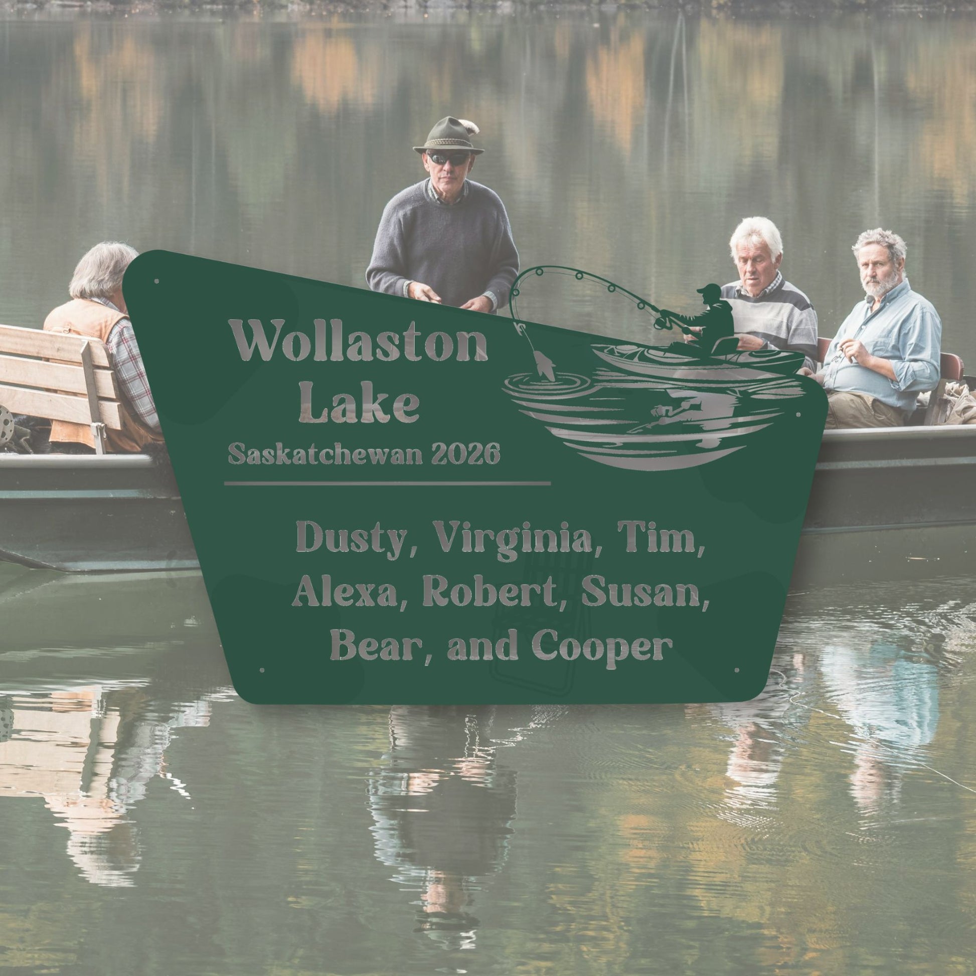 Fishing sign with names at Wollaston Lake, Saskatchewan, with people fishing in the background.