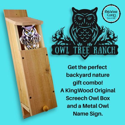 Wooden owl box with an owl illustration and promotional text for Owl Tree Ranch on a blue background.