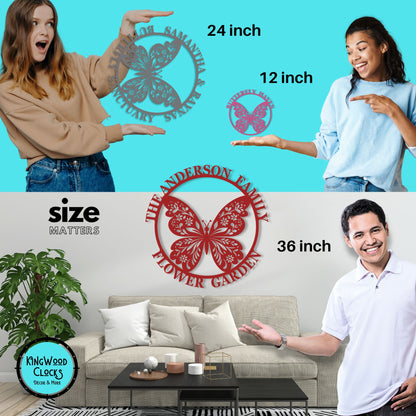 Butterfly wall art with different sizes displayed in front of people for scale, set against a blue and white background.