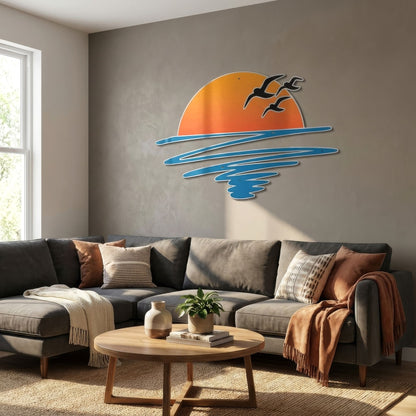 Living room with a gray sectional sofa, wooden coffee table, and decorative wall art.