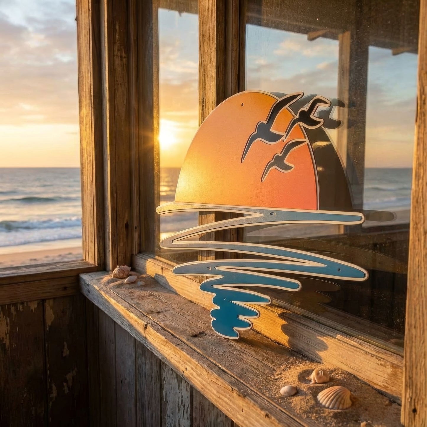 Decorative painted sunset art by a window with a view of the ocean at sunset.