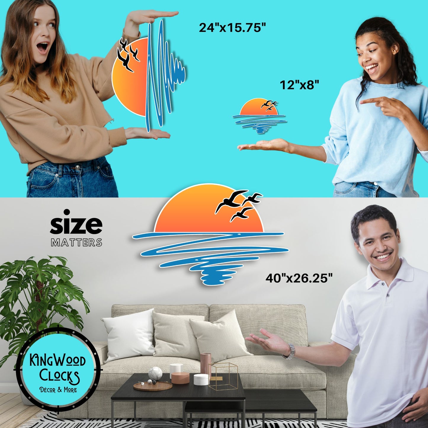 Promotional image of Kingwood Clocks decor with people holding clock designs and a living room setting.