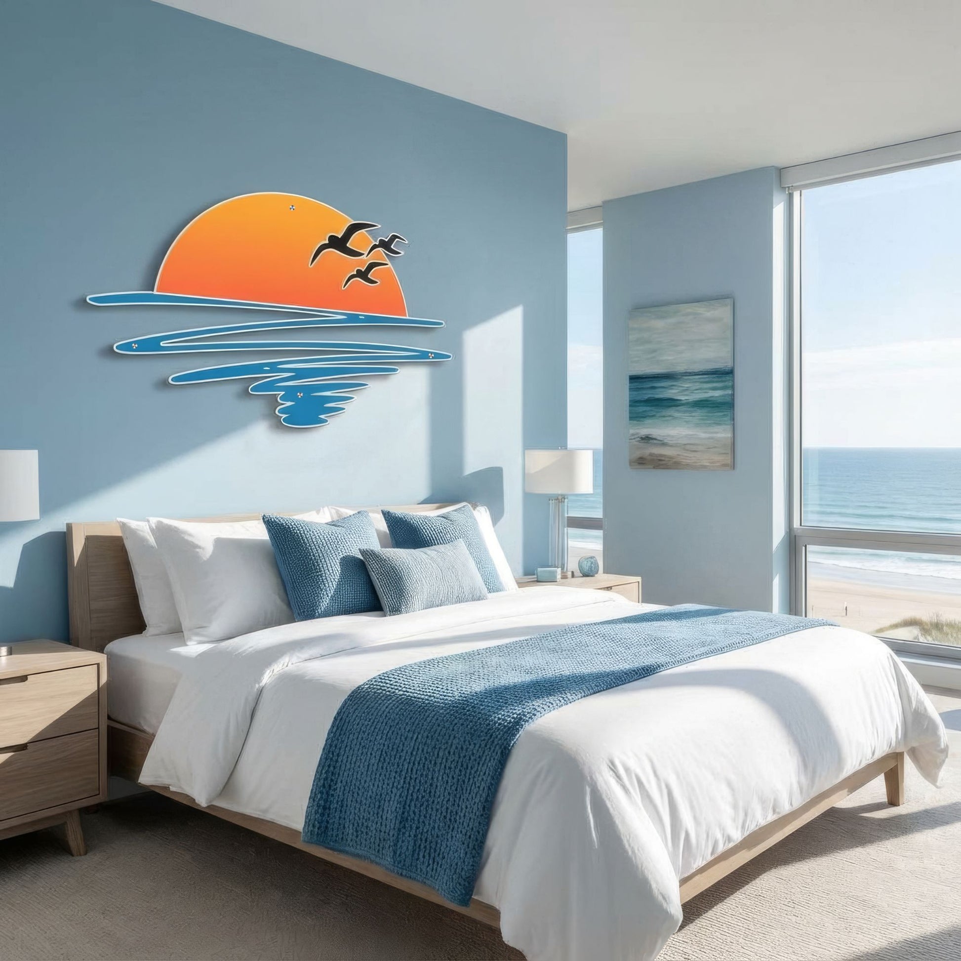 Modern bedroom with a sunset wall art and a view of the ocean.