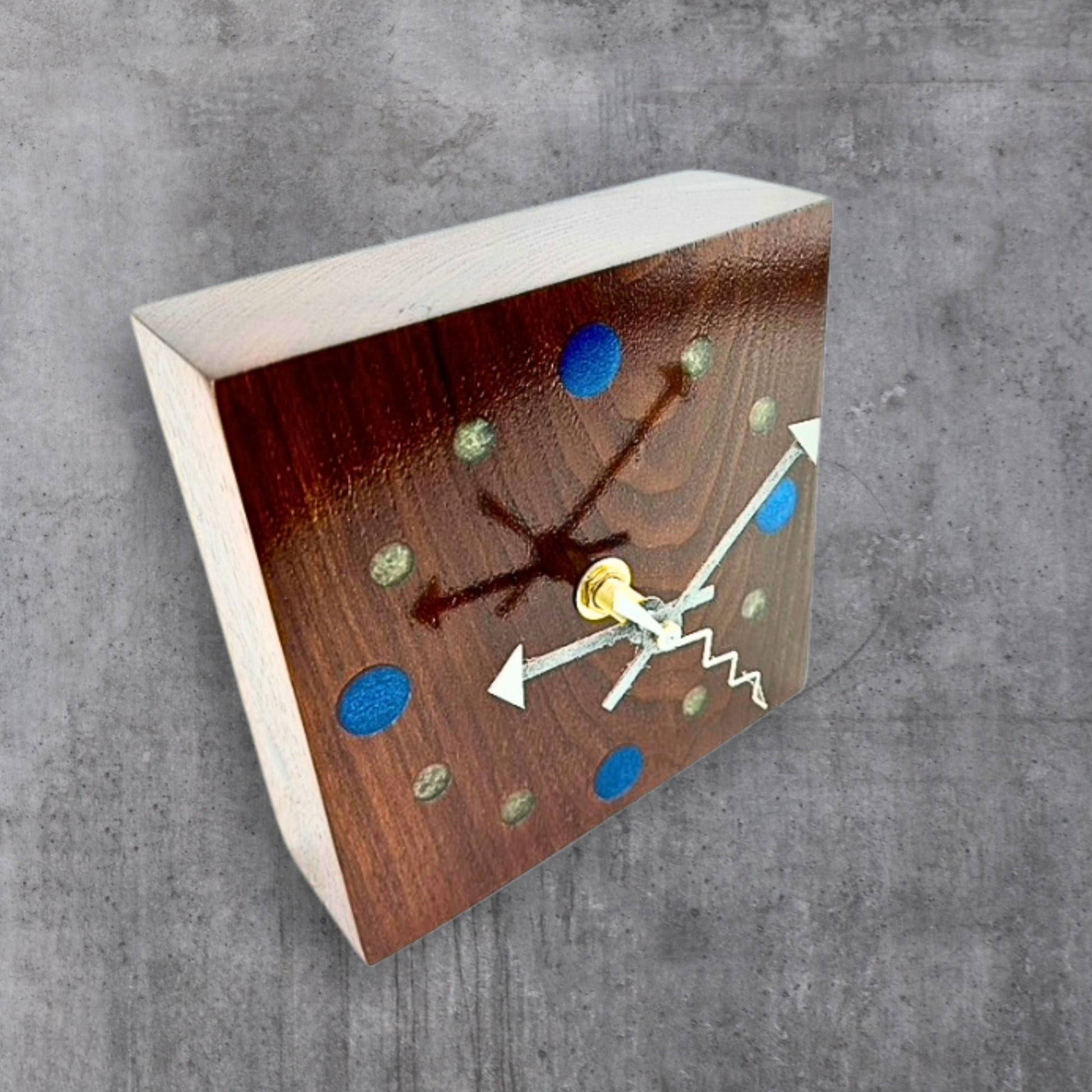 Small Walnut Wall Clock w/ Epoxy Inlay Blue and Pearl White Wall Art, Desk Clock for His Office, Unique Fifth Anniversary Gift, Shelf Clock