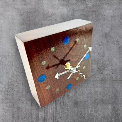 Small Walnut Wall Clock w/ Epoxy Inlay Blue and Pearl White Wall Art, Desk Clock for His Office, Unique Fifth Anniversary Gift, Shelf Clock