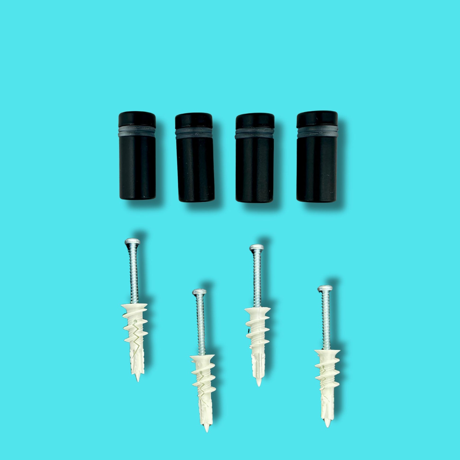 Set of black and white screws on a blue background
