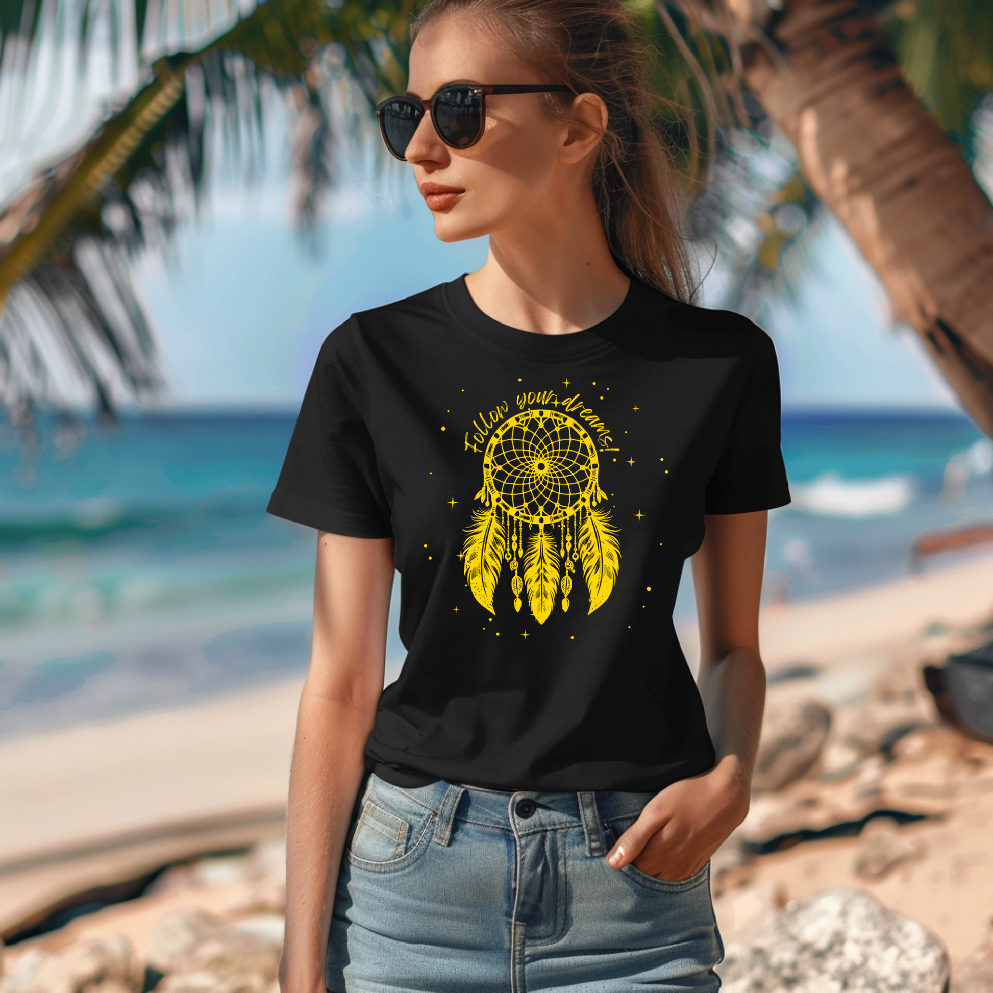 Starry Dreamcatcher T-Shirt, Unisex, Native American Style, Follow Your Dreams, Boho Apparel, Girls Outfits, Womens TShirts, For Her Gifts black on girl