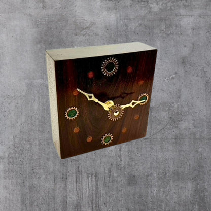 Walnut Wood Wall Clock w/ Metal Gears, Epoxy Inlay Burnt Orange and Earth Green Handmade Wood Art, Unique Wooden Gift Ideas, Steampunk Decor