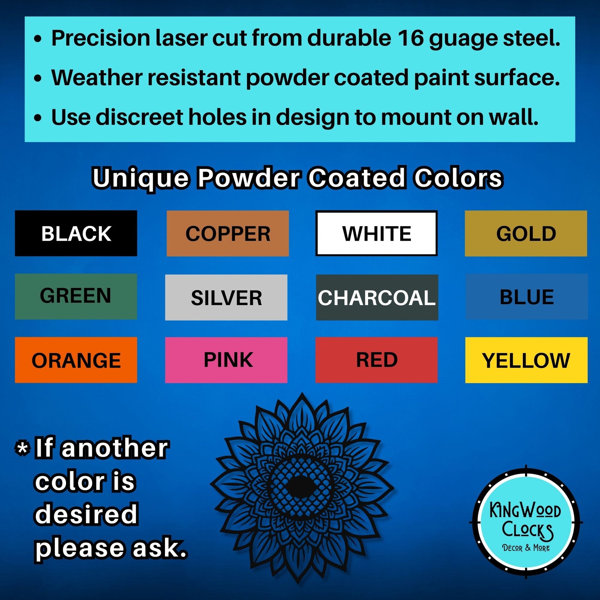 Color chart for powder-coated metal products with Kingwood Clocks logo.