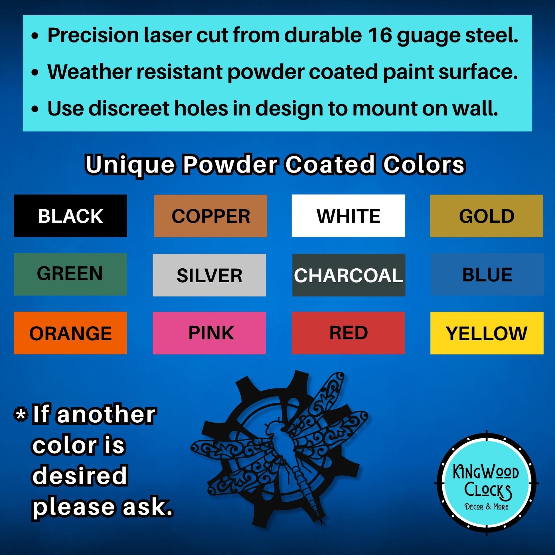 Color chart for powder-coated metal products with Kingwood Clocks logo.