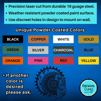 Color chart for powder-coated products with Kingwood Clocks branding on a blue background.