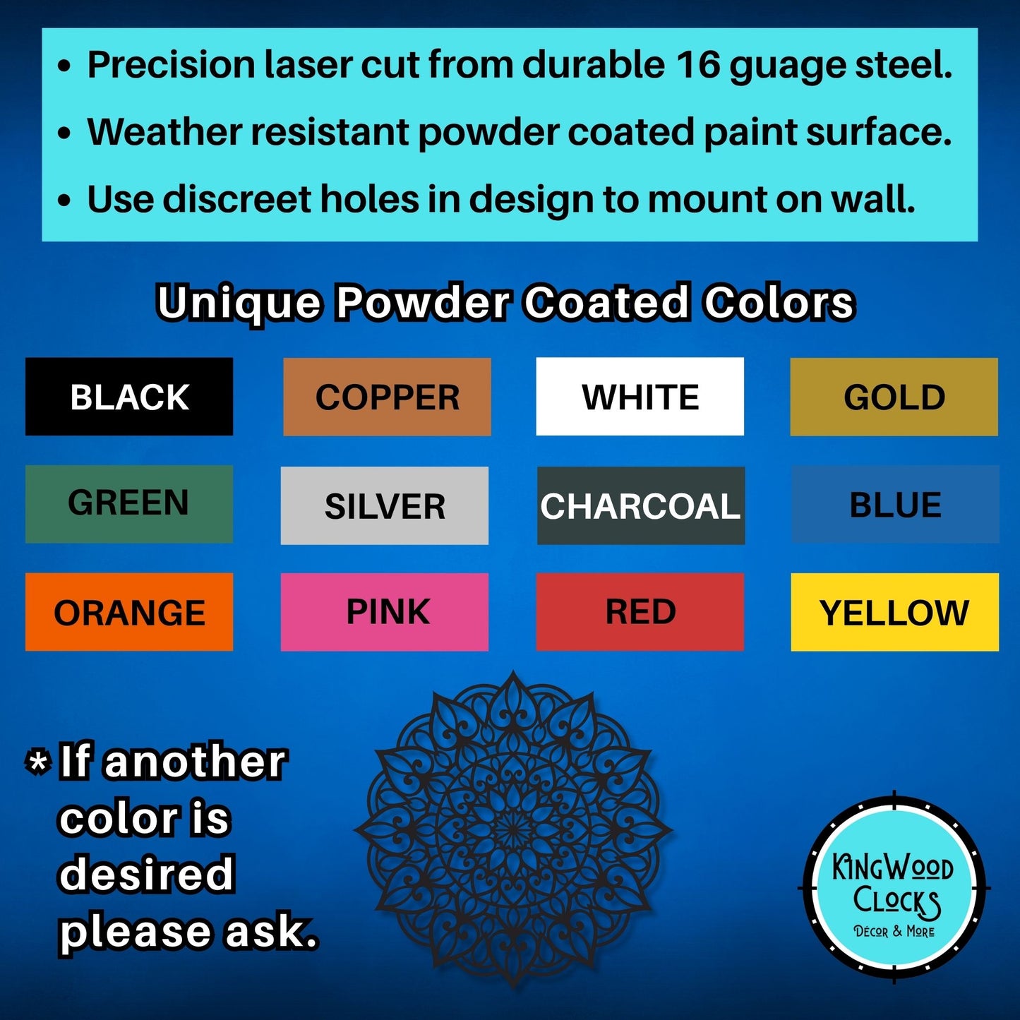 Color chart for powder-coated metal design with Kingwood Clocks logo.