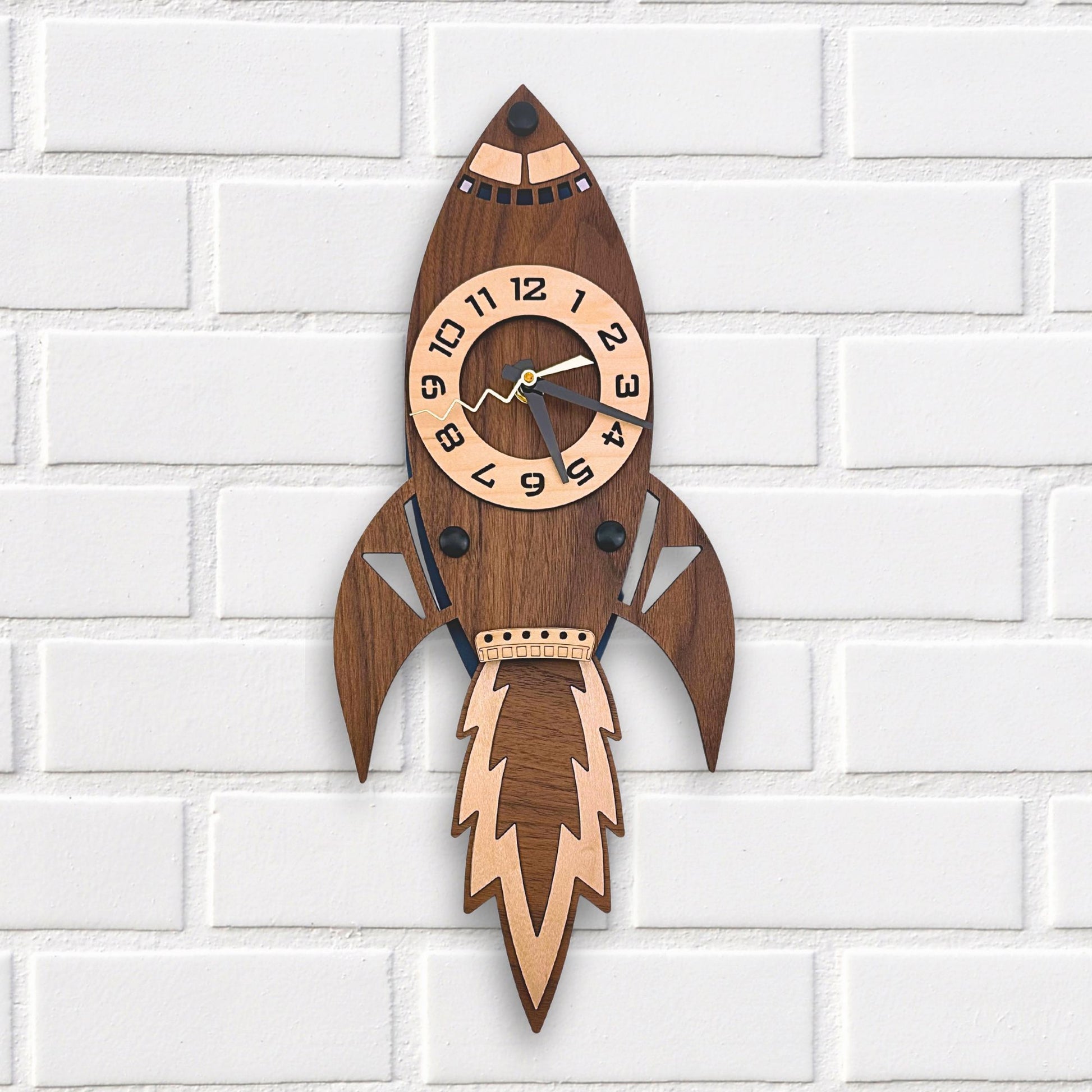 Rocket Pendulum Wall Clock, Space Bedroom Decor for Boys, Mid Century Modern Decor, Spaceship Wall Art, Walnut Wood Art