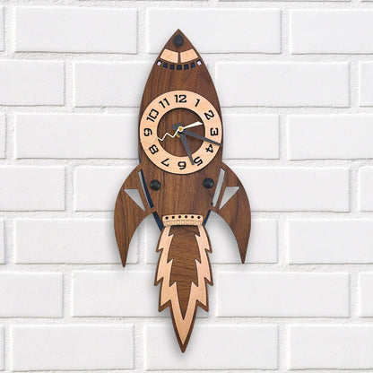 Rocket Pendulum Wall Clock, Space Bedroom Decor for Boys, Mid Century Modern Decor, Spaceship Wall Art, Walnut Wood Art