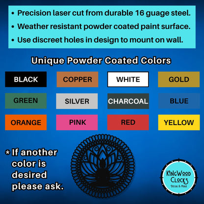 Color chart for powder-coated products with Kingwood Clocks logo on a blue background