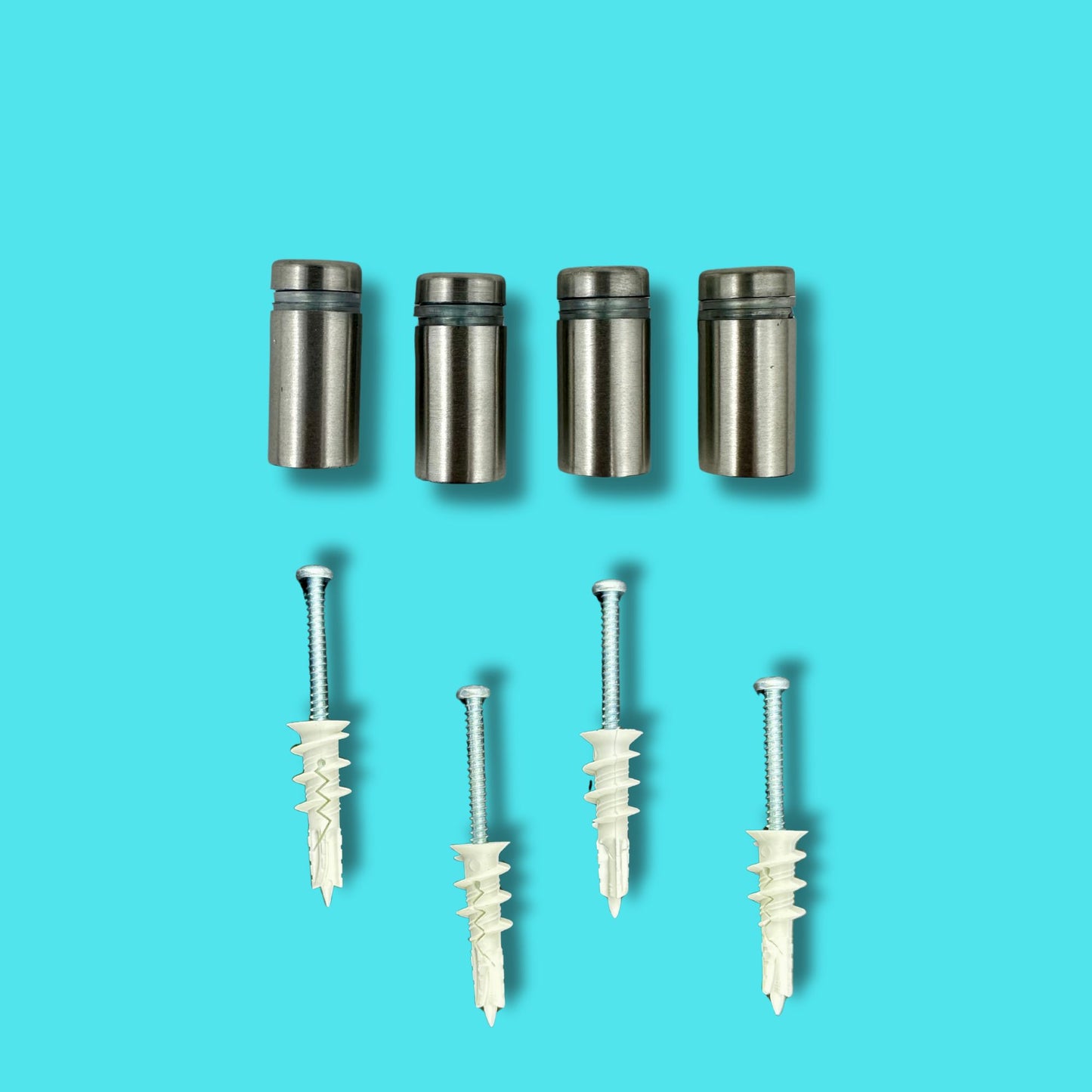Set of metal and plastic screws on a blue background