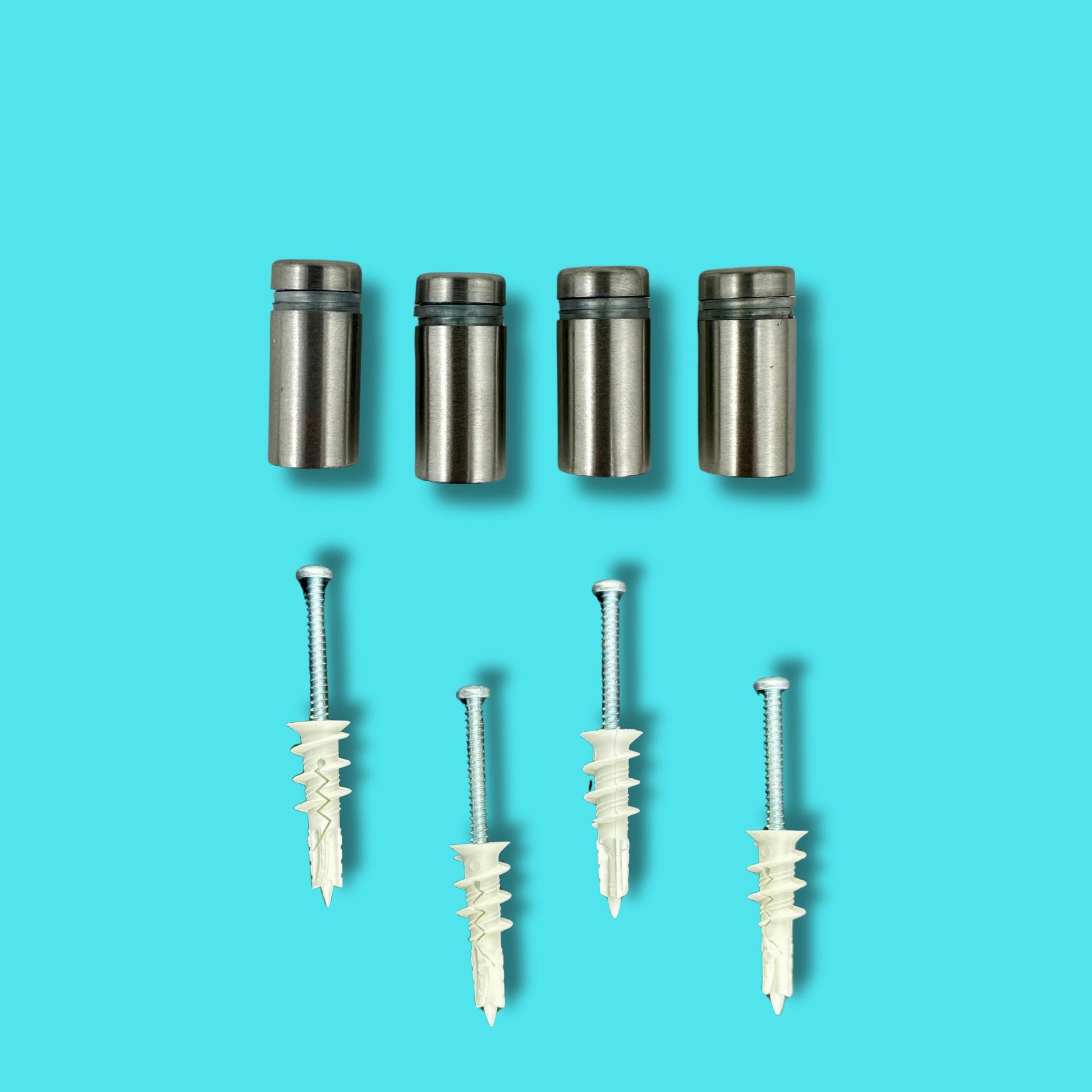 Set of metal and plastic screws on a blue background