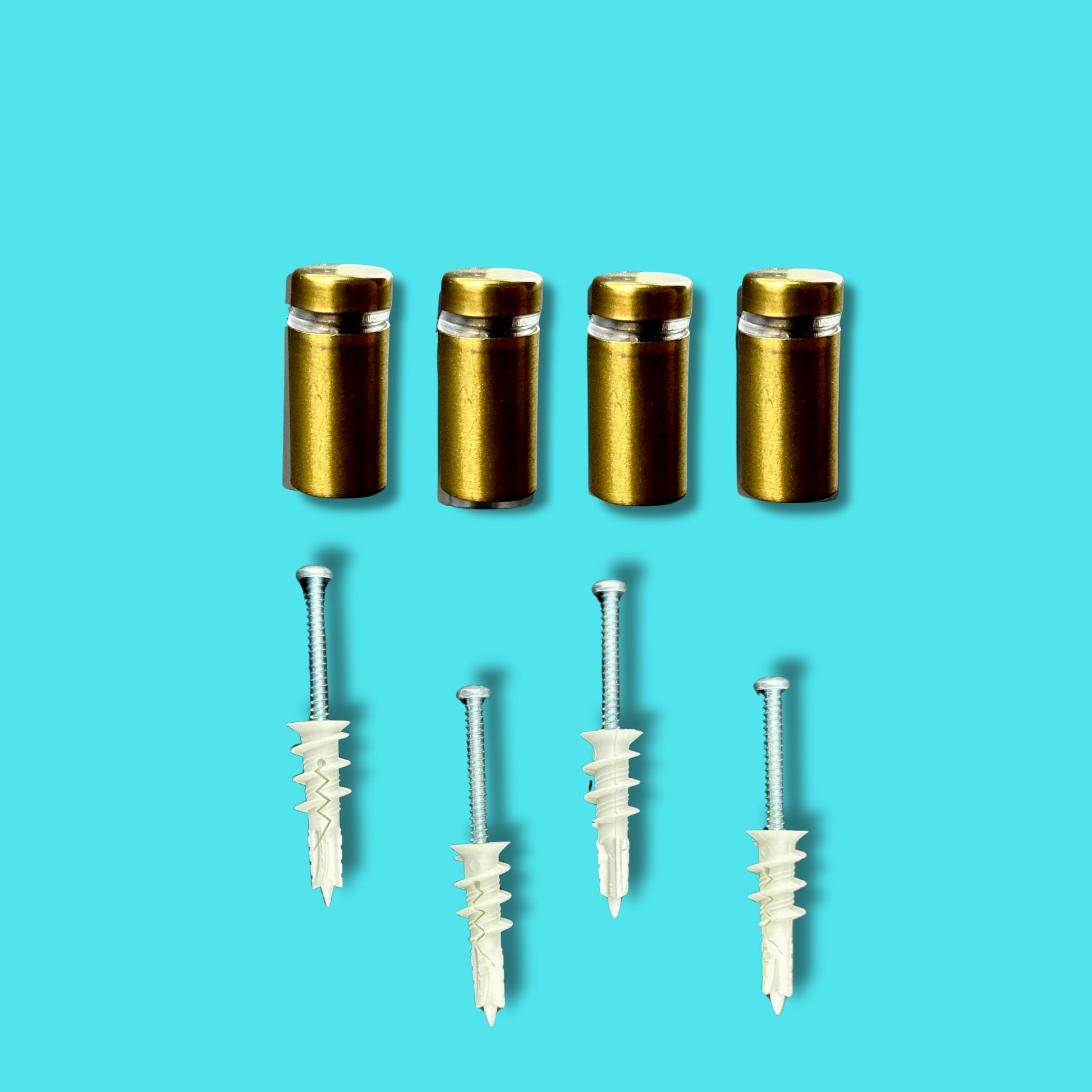 Set of gold-colored cylindrical objects and white screws on a blue background