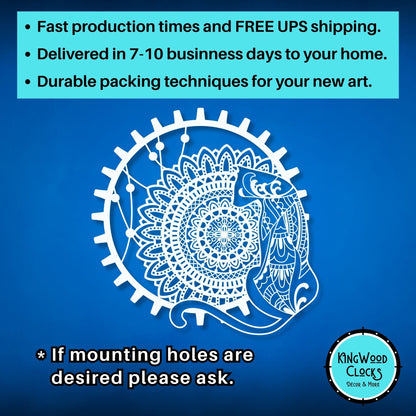 Decorative elephant design with text about fast production times, free UPS shipping, and durable packing techniques on a blue background.