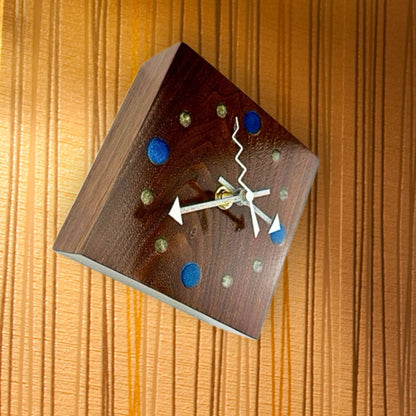 Small Walnut Wall Clock w/ Epoxy Inlay Blue and Pearl White Wall Art, Desk Clock for His Office, Unique Fifth Anniversary Gift, Shelf Clock