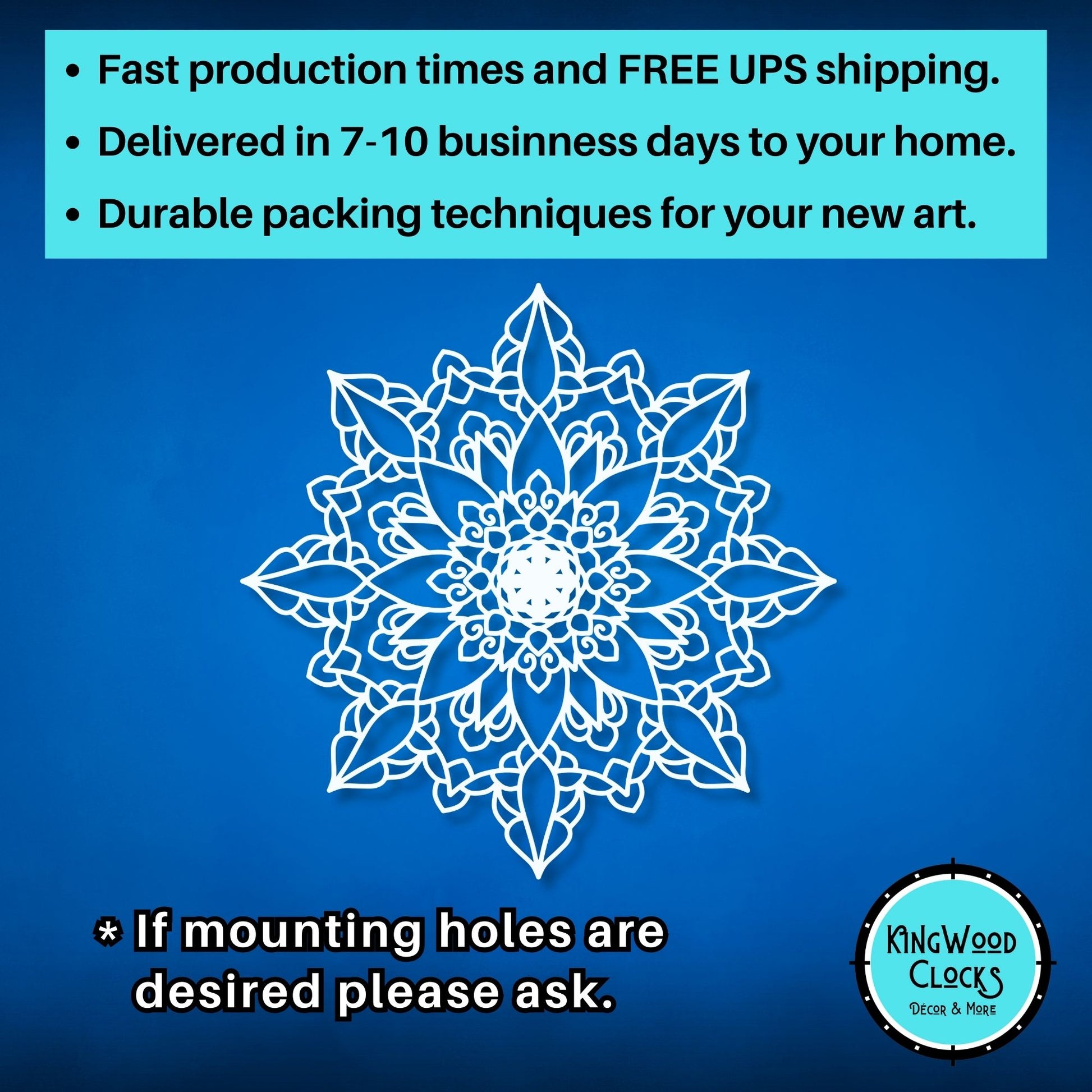 Decorative white mandala design on a blue background with promotional text and Kingwood Clocks logo.