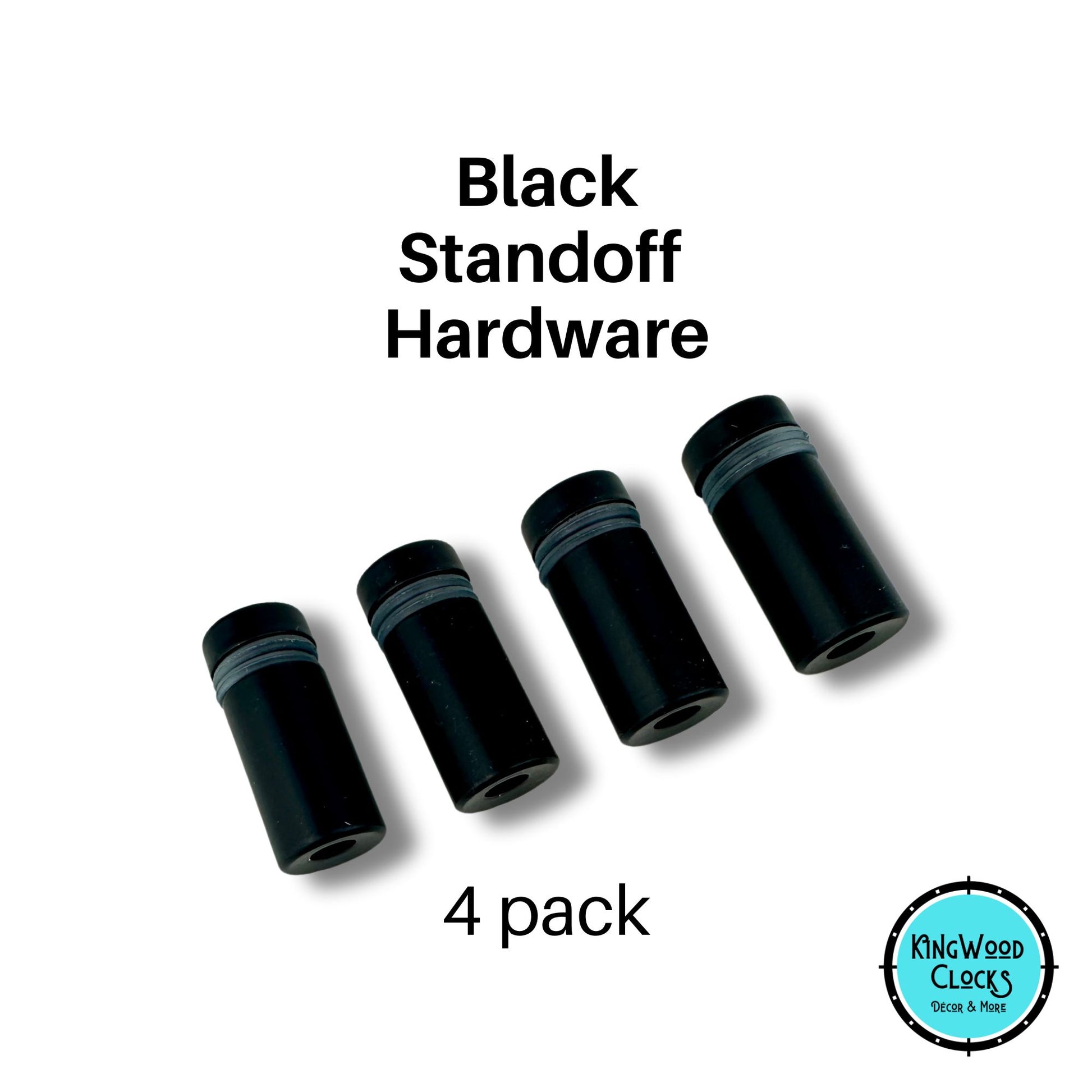 Four black standoff hardware components on a white background with 'Kingwood Clock' branding.