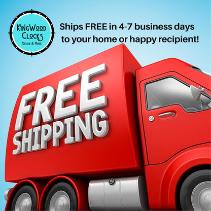 Red delivery truck with 'FREE SHIPPING' text on a blue background, featuring KingWood Clocks logo.