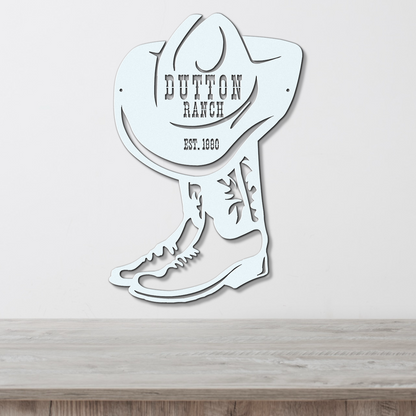 Personalized Cowboy Boot Metal Wall Sign, Custom Ranch Name Decor, Farmhouse Style Western Outdoor Art, Family Est Sign