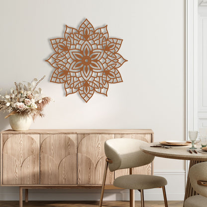 Decorative wall art in a dining room setting with a wooden sideboard and table.